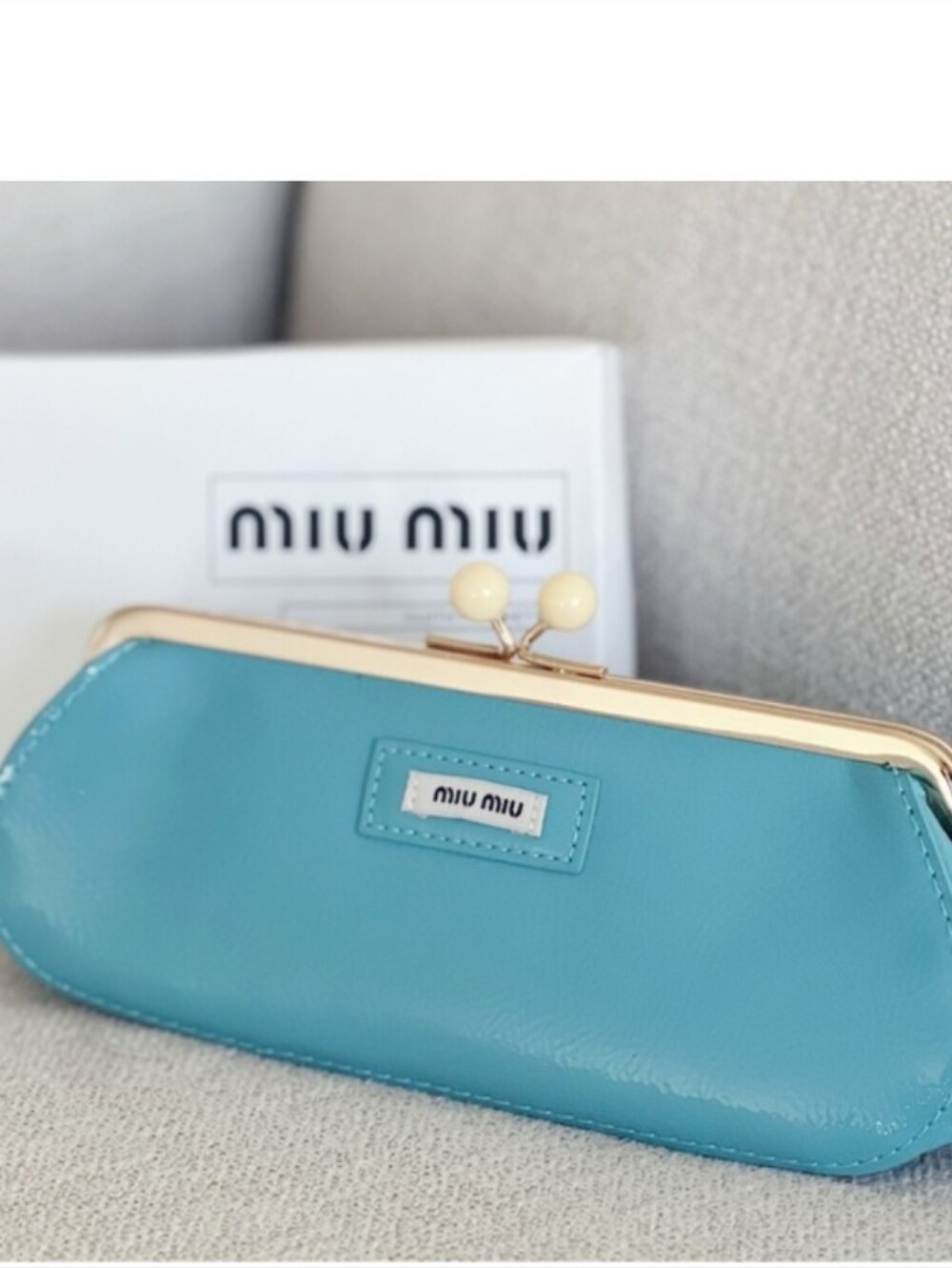 Miu Miu Patent Leather Teal Blue Aqua Shoulder Bag Clutch Gold Chain Purse - Picture 8 of 8